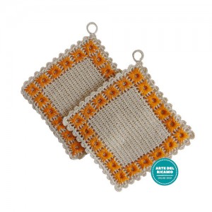 Crochet and Embroidered Potholder - Ecru and Orange